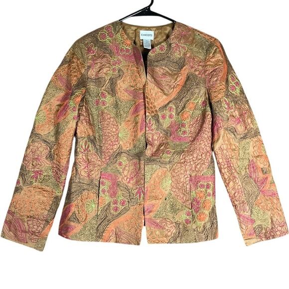 Chicos Womens Jacket Orange Brown Floral Embroidered Hook & Eye Closure 0 (S) - Picture 1 of 11